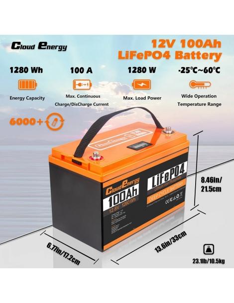 Cloudenergy 12V 100Ah LiFePO4 Battery Pack 1280Wh di energia 6000+ cicli BMS integrato 100A supporto serie/parallelo Soddisfazione Garantita