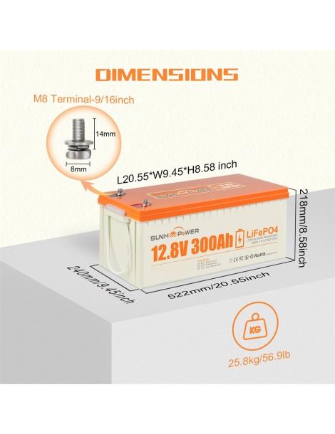 SUNHOOPOWER 12V 300Ah LiFePO4 Batteria energia 3840Wh BMS 200A integrato potenza di carico max. 2560W IP68 Offerta