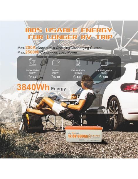 SUNHOOPOWER 12V 300Ah LiFePO4 Batteria energia 3840Wh BMS 200A integrato potenza di carico max. 2560W IP68 Offerta