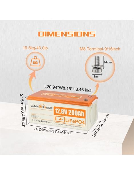 SUNHOOPOWER 12V 200Ah LiFePO4 Batteria energia 2560Wh BMS 100A integrato potenza di carico max. 1280W IP68 Economico