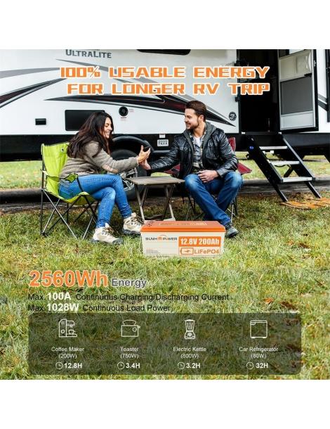 SUNHOOPOWER 12V 200Ah LiFePO4 Batteria energia 2560Wh BMS 100A integrato potenza di carico max. 1280W IP68 Economico