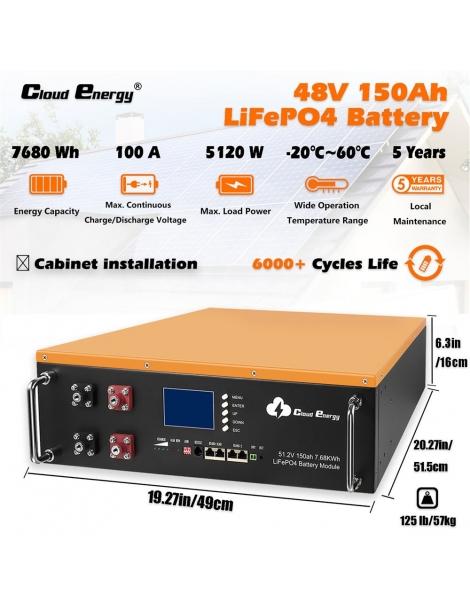 Cloudenergy 48V 150Ah Cabinet Type Litio LiFePO4 Deep Cycle Battery Pack 7680Wh di energia 6000 cicli di vita Ultimi due giorni