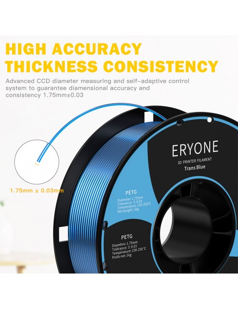 ERYONE PETG Filamento per stampante 3D 1 75mm Tolleranza 0 03mm 1KG(2.2LBS)/Spool - Blu trasparente In Vendita