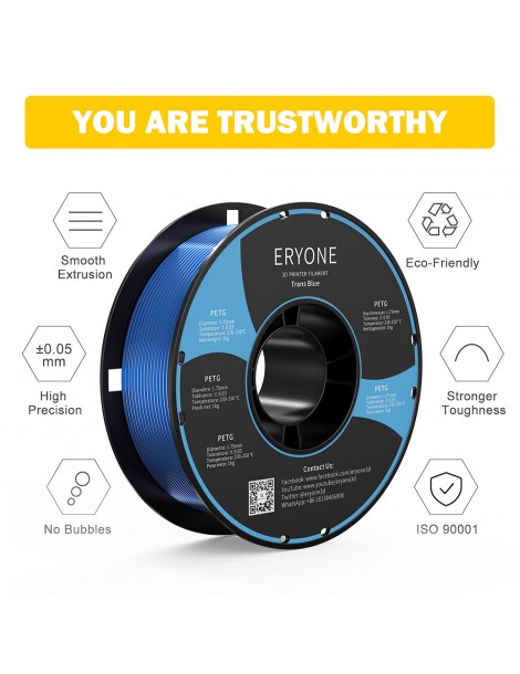 ERYONE PETG Filamento per stampante 3D 1 75mm Tolleranza 0 03mm 1KG(2.2LBS)/Spool - Blu trasparente In Vendita