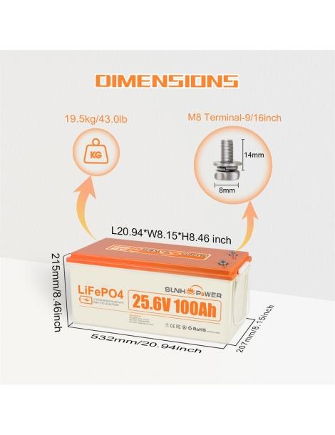 SUNHOOPOWER 24V 100Ah LiFePO4 Batteria energia 2560Wh BMS 100A integrato potenza di carico max. 2560W IP68 Italy