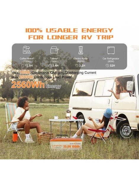SUNHOOPOWER 24V 100Ah LiFePO4 Batteria energia 2560Wh BMS 100A integrato potenza di carico max. 2560W IP68 Italy