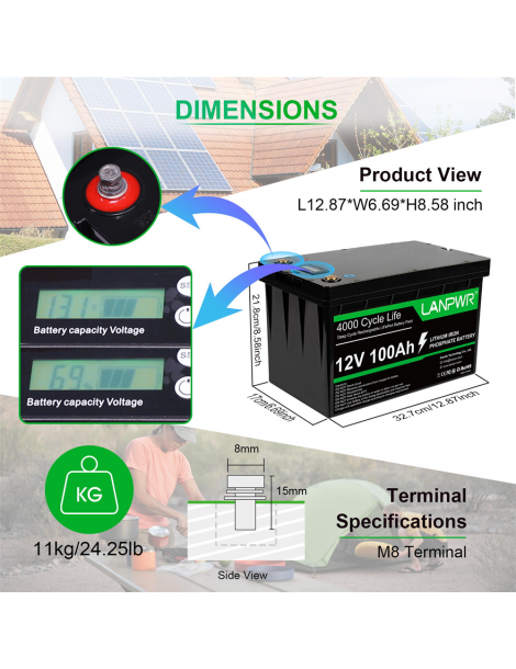 LANPWR Batteria di backup 12V 100Ah LiFePO4 1280Wh di energia 4000 cicli profondi Outlet